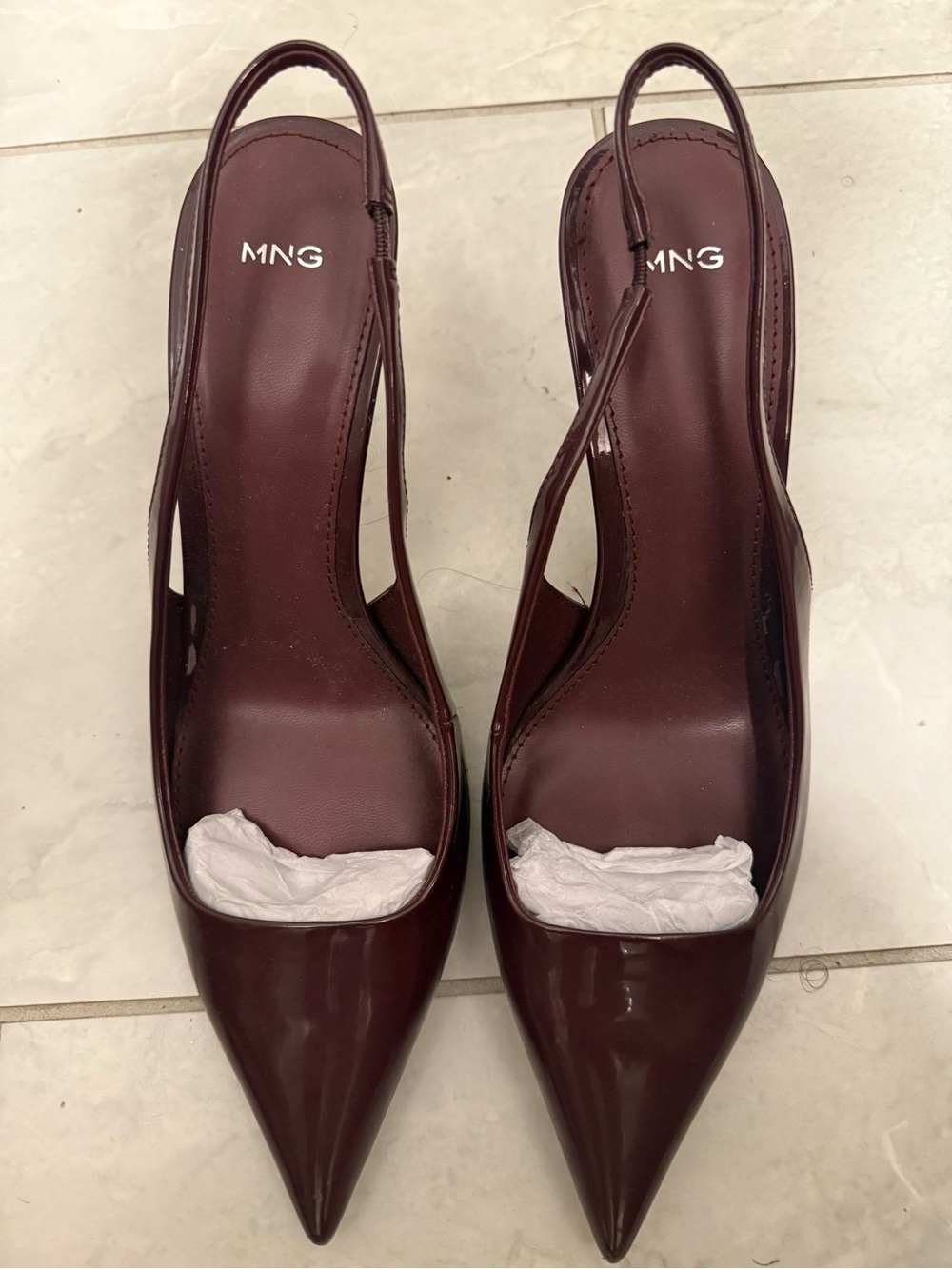 Mango Burgundy Patent Pointed Slingback Pumps
